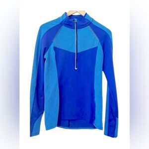 Athleta Chi XXS long sleeve 1/2 zip colorblock blue/teal top with black stripes